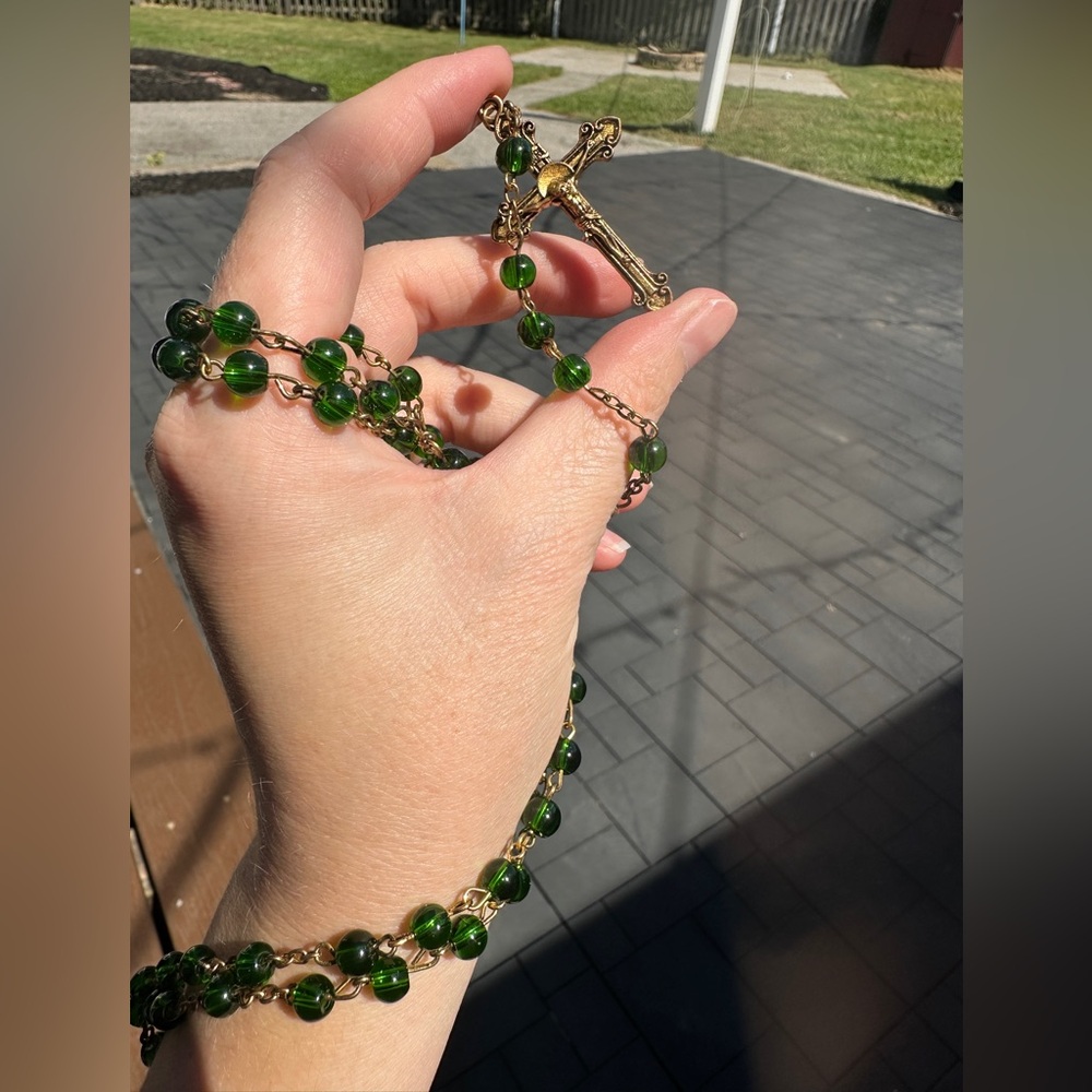 Green Beaded Rosary Necklace